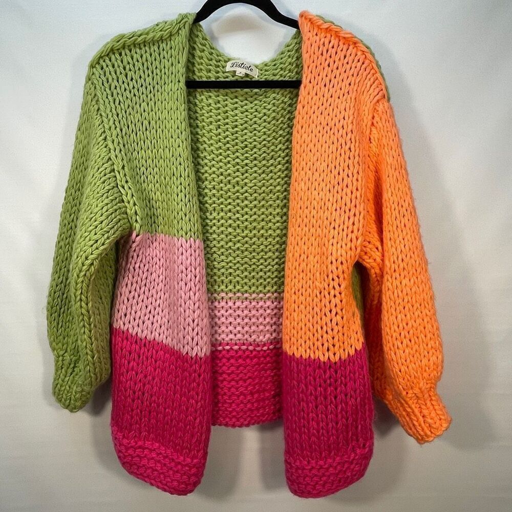 Listicle Green Pink Orange Colorblock Pocketed Soft Knit Cardigan Sweater Small